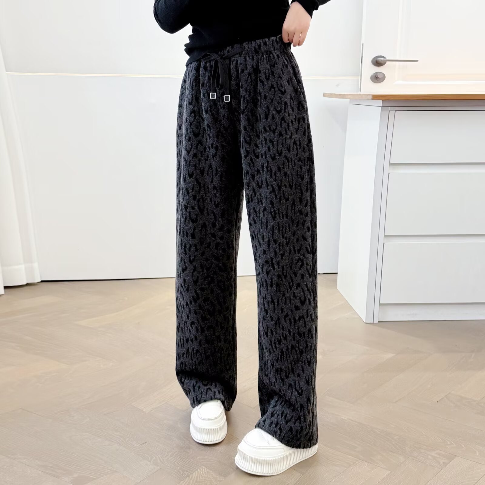 大码高腰秋冬阔腿裤提花豹纹休闲裤外穿时尚冬季加绒6220
