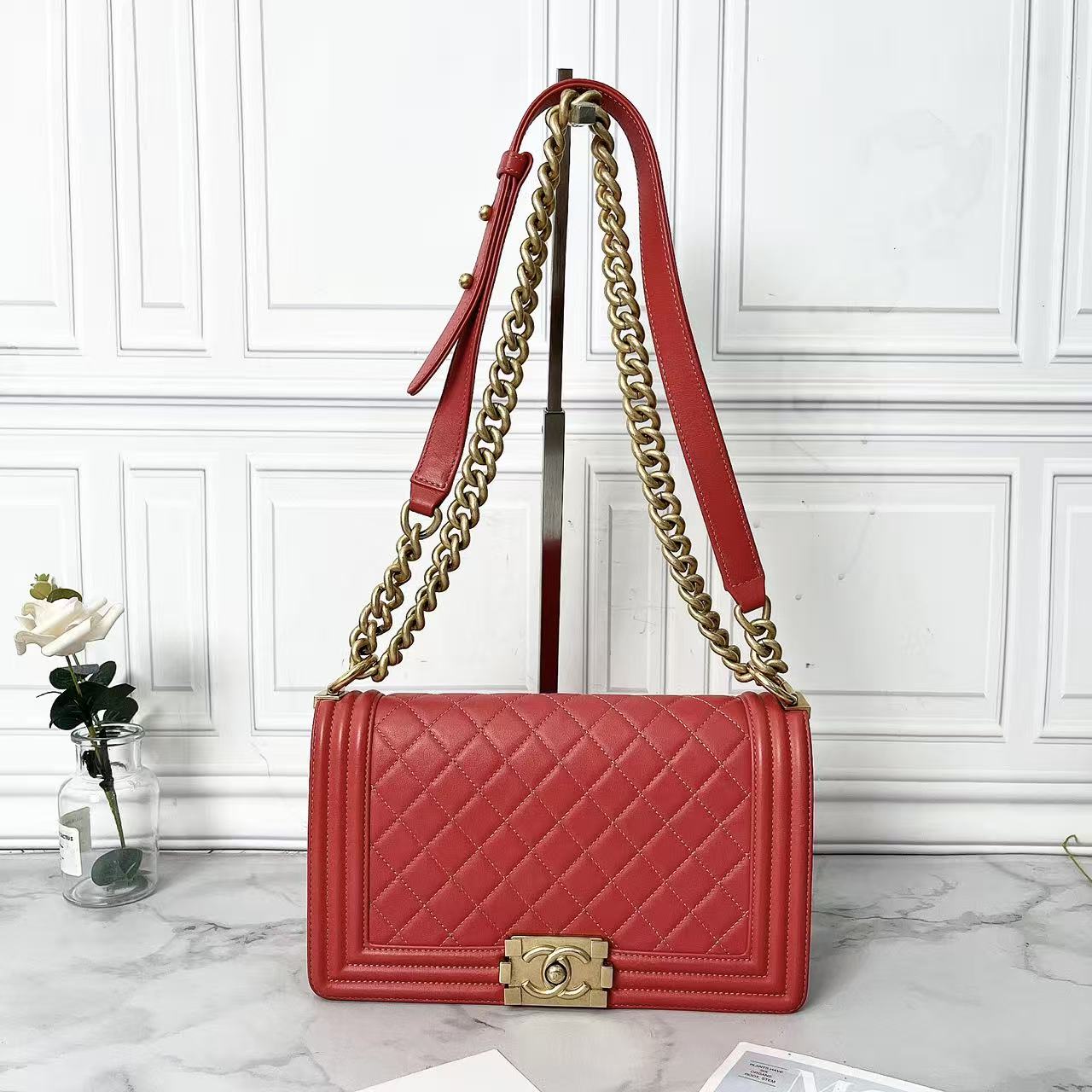 95新 Chanel/香奈儿 Leboy粉红色中号金扣链条单肩斜挎包