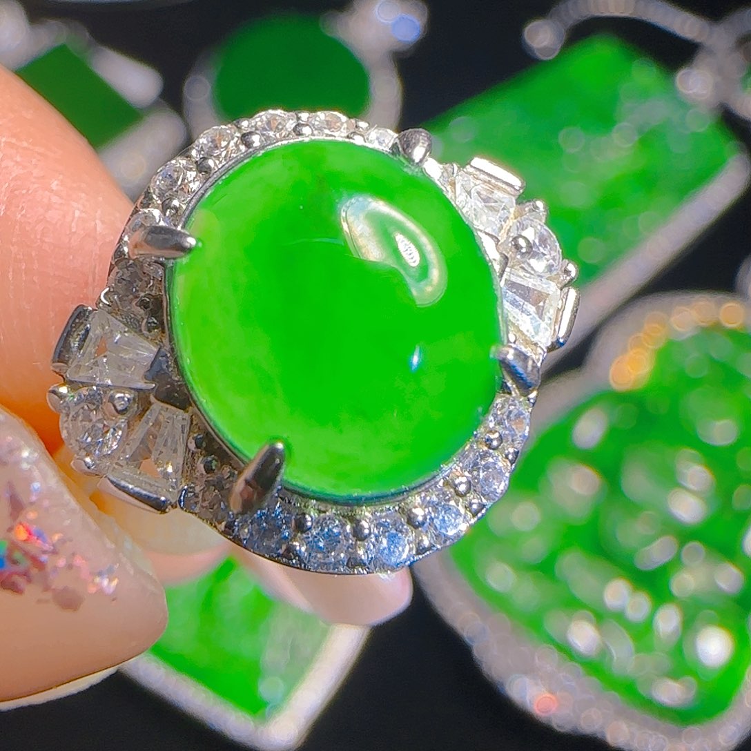 翡翠戒指银S925镶嵌天然