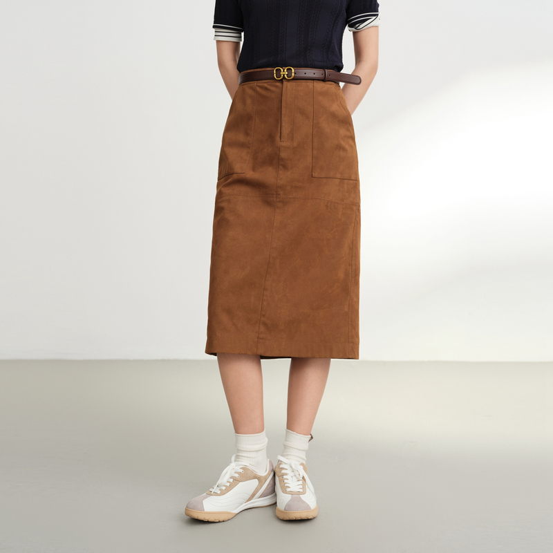 [唐嫣同款]EP雅莹 美拉德风仿麂皮绒感直筒裙高腰半身裙3507A