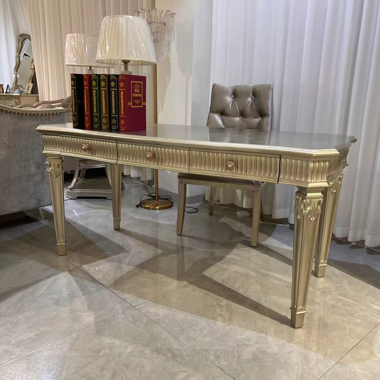 美式筑源书桌实木雕花写字台复古桌椅（尺寸可订制）