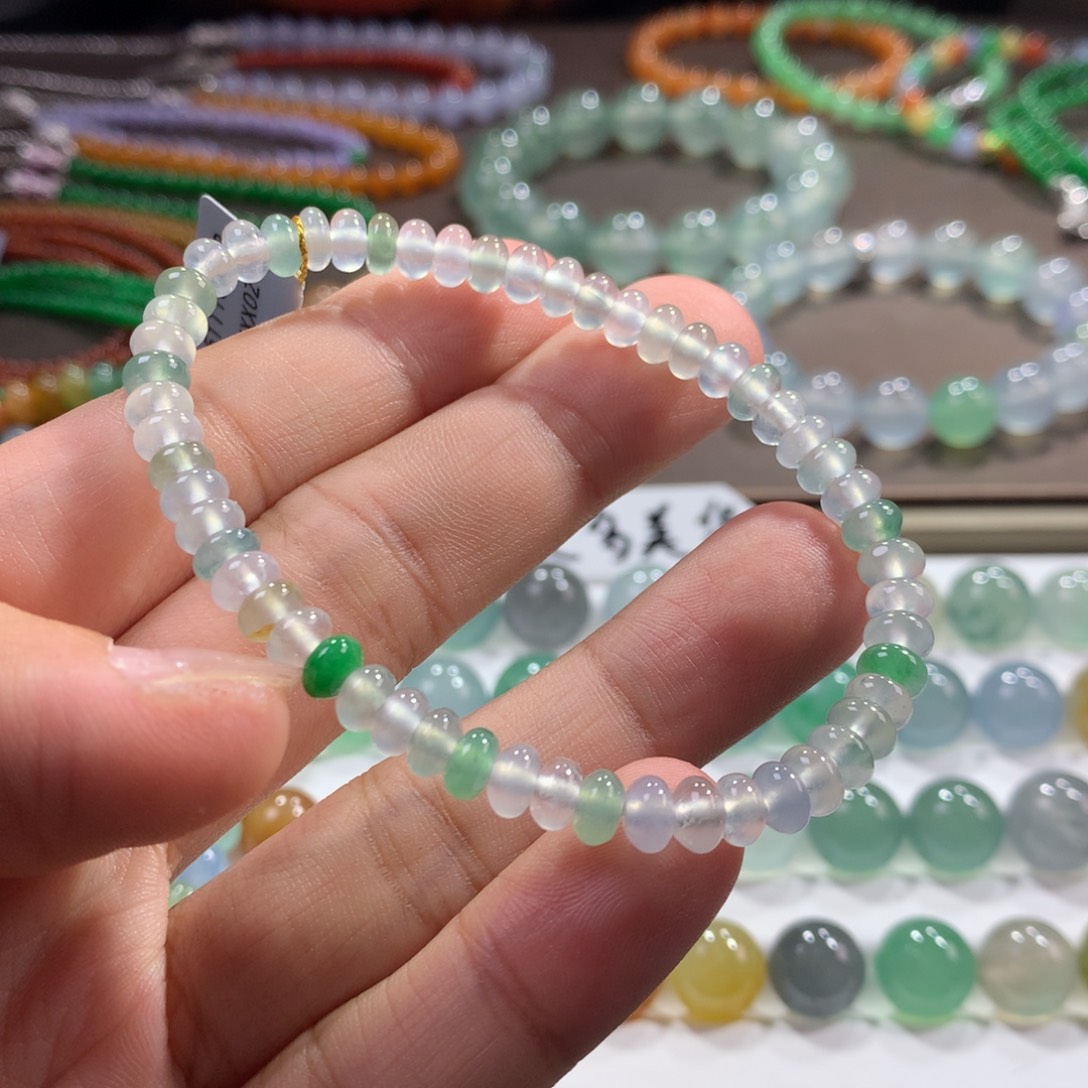翡翠未镶嵌手链高冰玻起光算盘单圈卡5.5