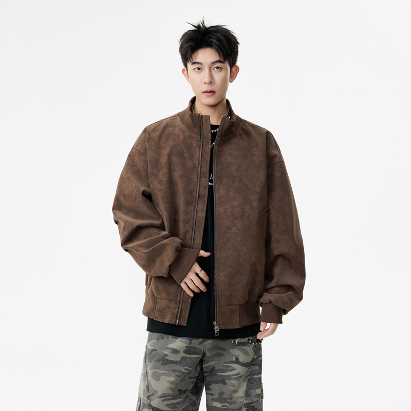 美式立领扎染皮夹克男冬季高街百搭宽松皮衣潮牌休闲情侣机车外套