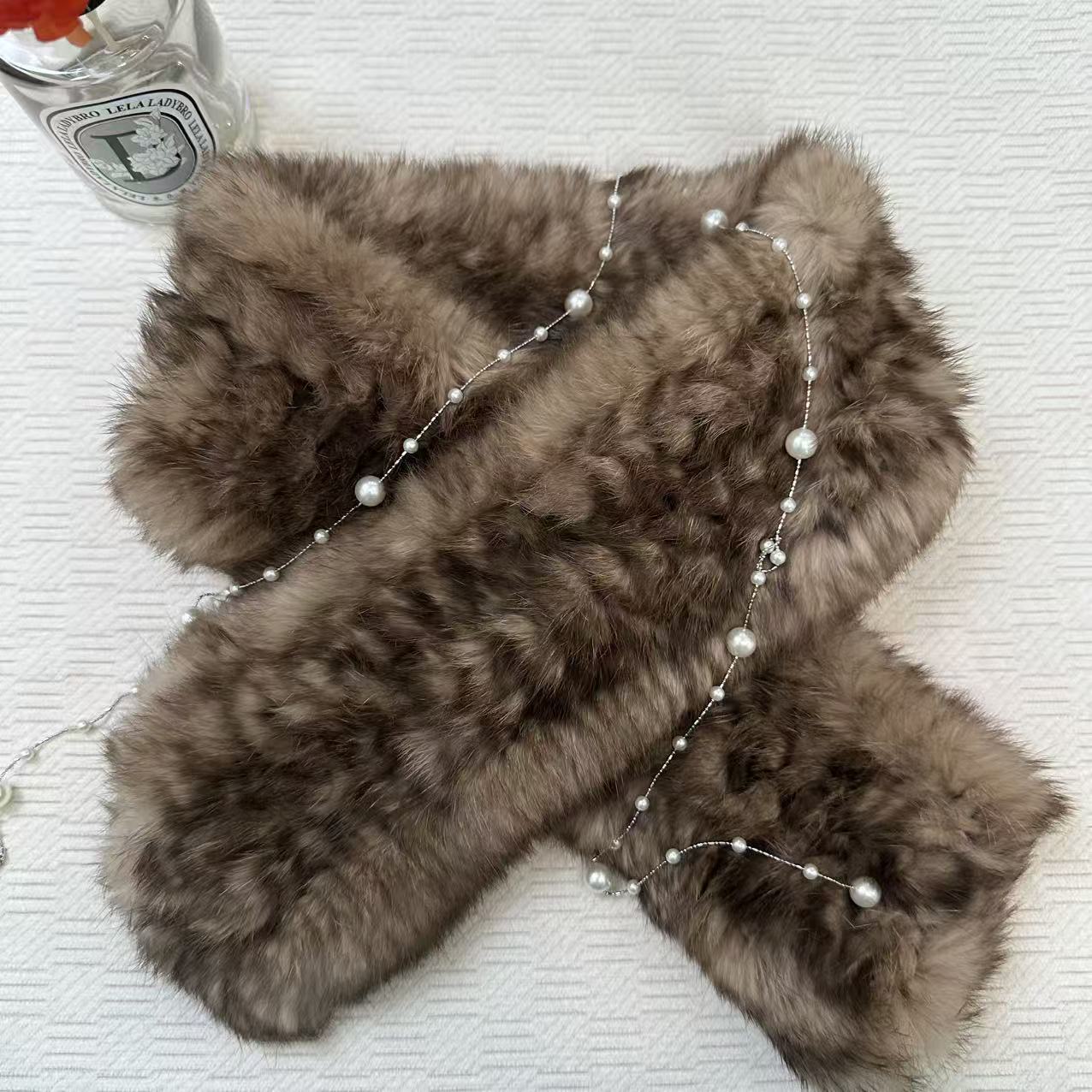 高档雪兔皮草围巾女士气质百搭编织真毛领子冬季毛绒围脖轻盈锁温