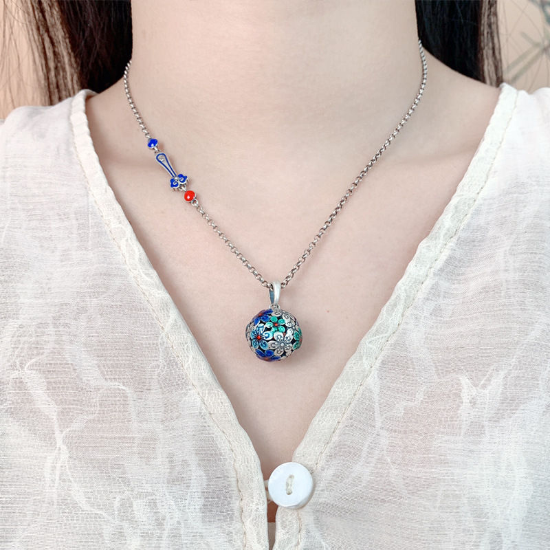 铜吊坠 复古镂空珐琅彩工艺花球吊坠女五福花锁骨链挂坠项链挂件