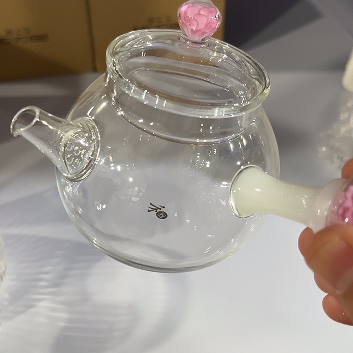 侧把 白玉粉花泡茶壶 