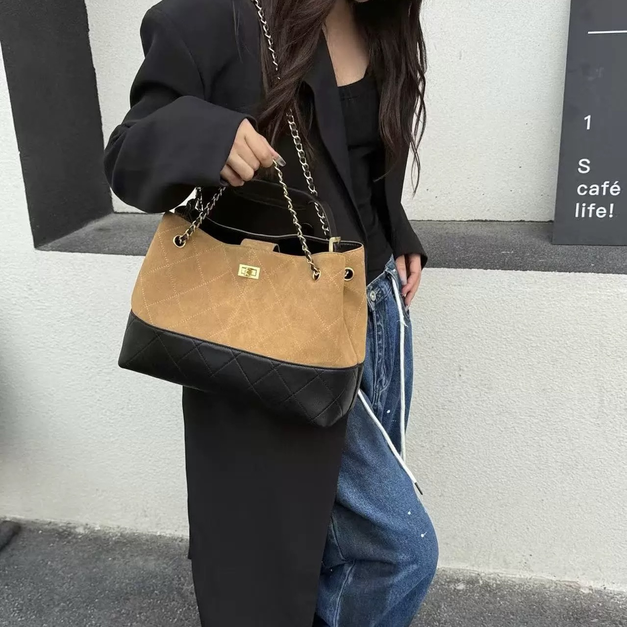 小香风菱格链条托特包女秋冬新款复古通勤大容量斜挎包百搭单肩