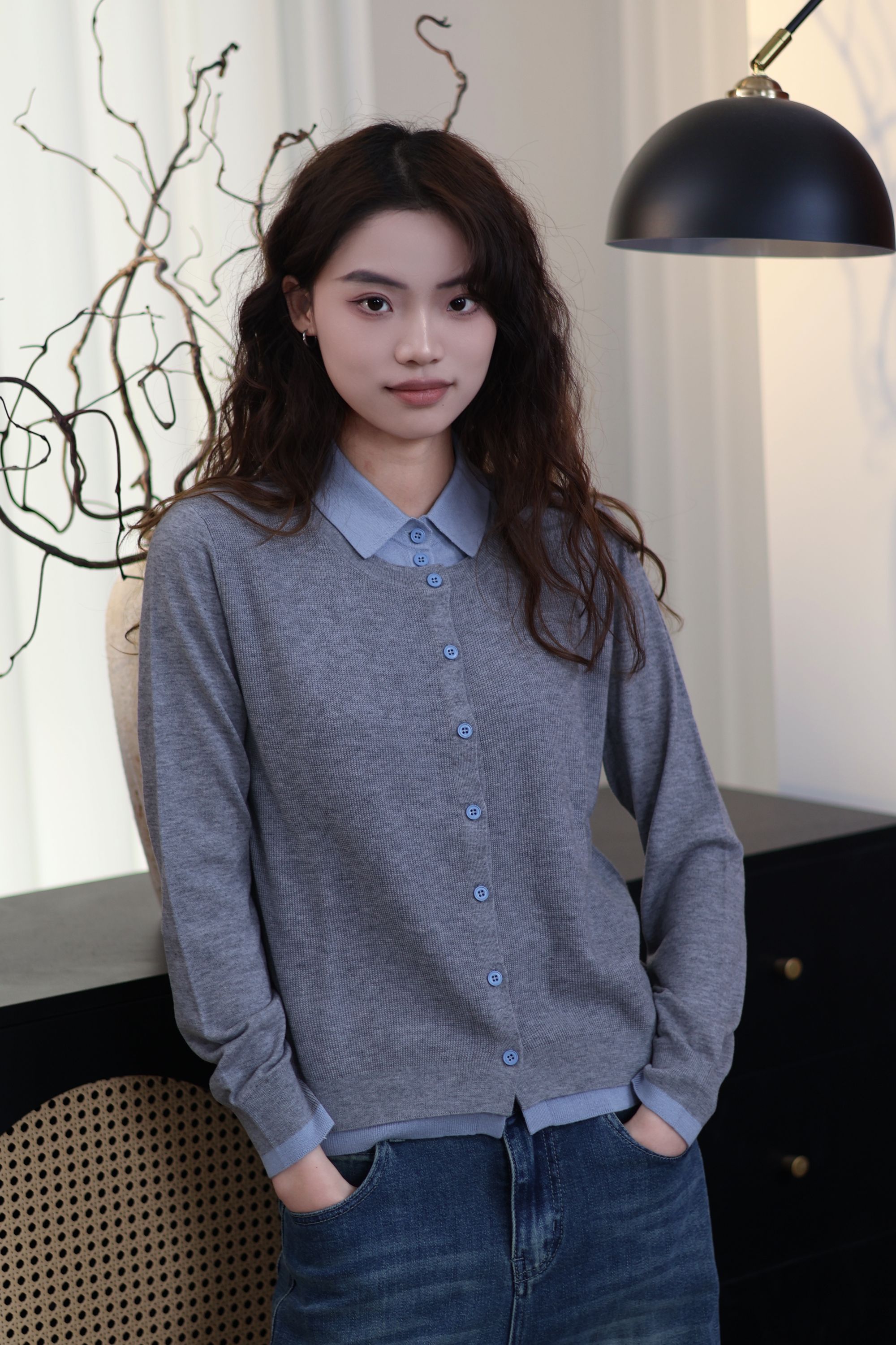 YIANYAN【春】女士polo领绵羊毛长袖假两件