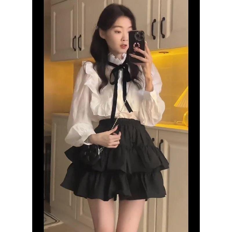 蝴蝶结套装两件套蛋糕裙长袖裤裙上衣甜美宫廷风纯欲衬衫百搭法