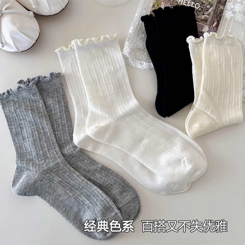 袜子女夏季薄款网眼镂空透气棉袜韩系ins纯色百搭中筒袜堆堆长袜