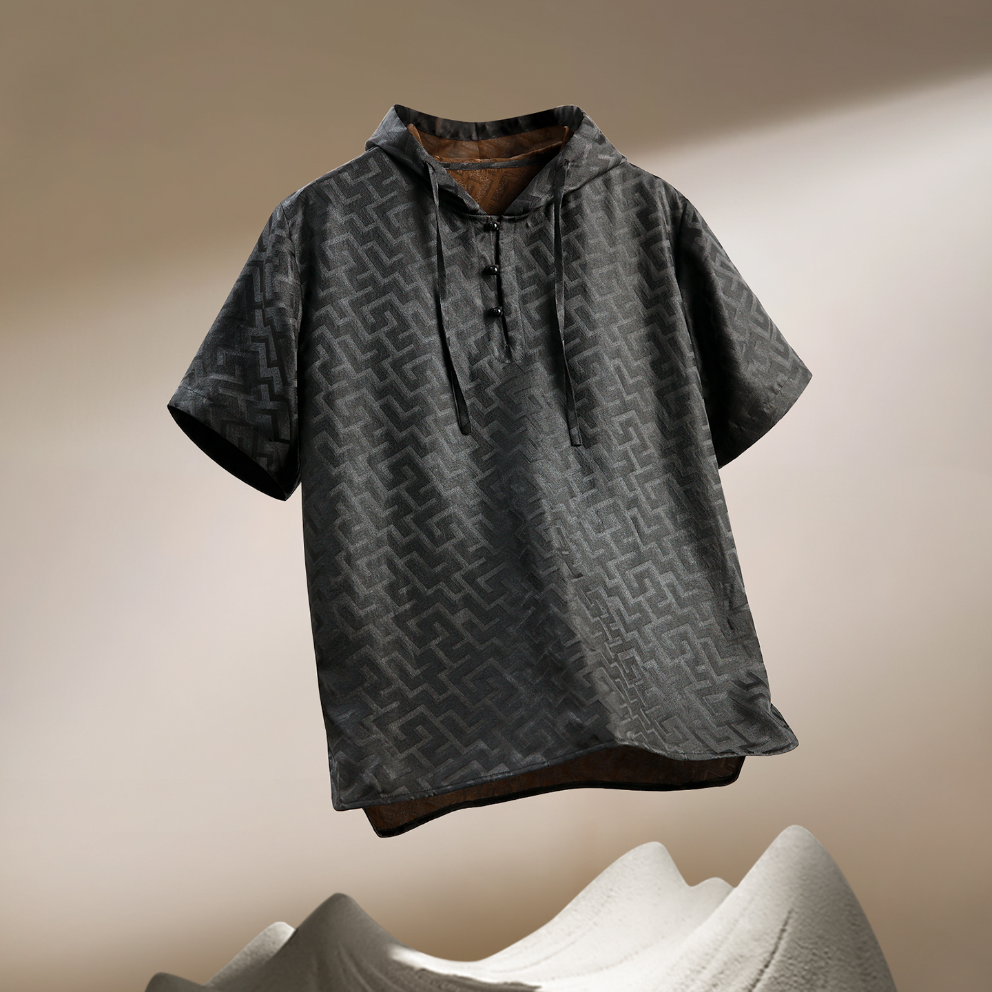 万字纹桑波缎香云纱夏季新款帽衫男休闲宽松开衩男款透气上衣潮