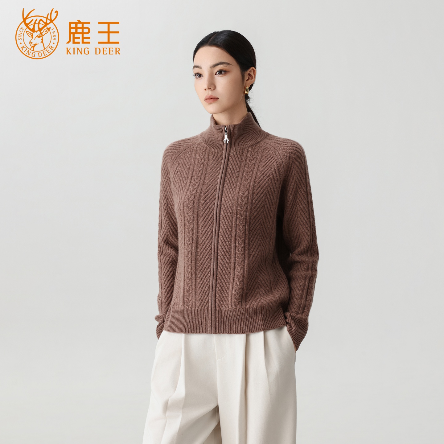 【专柜新品】鹿王女半高领100山羊绒秋冬拉链开衫 加厚 912515316
