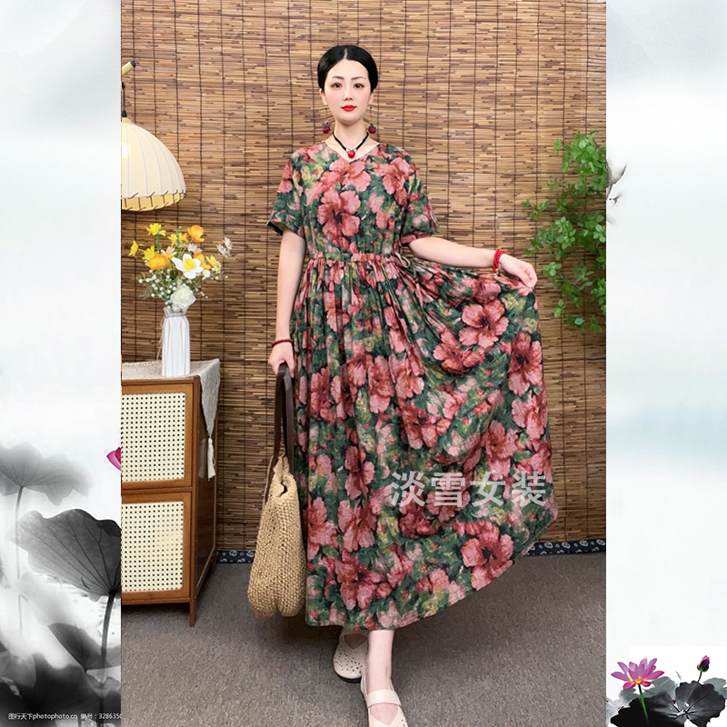 连衣裙夏季时尚衣服女装V领短袖复古收腰长款抽绳显瘦大摆裙子
