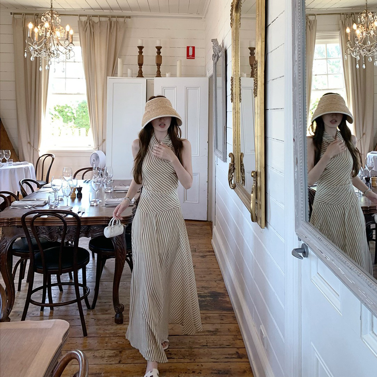 高腰现货美人翩翩_形随身动优雅小荡领条纹连衣裙气质度假连衣裙