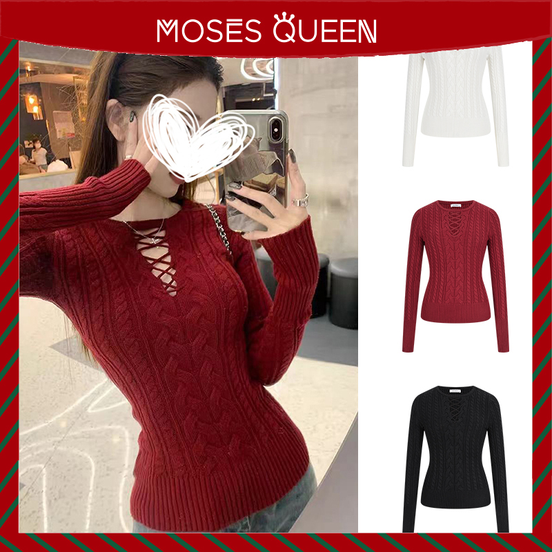 Moses Queen/魔西女王美式复古收腰显瘦打底毛衣镂空麻花针织上衣
