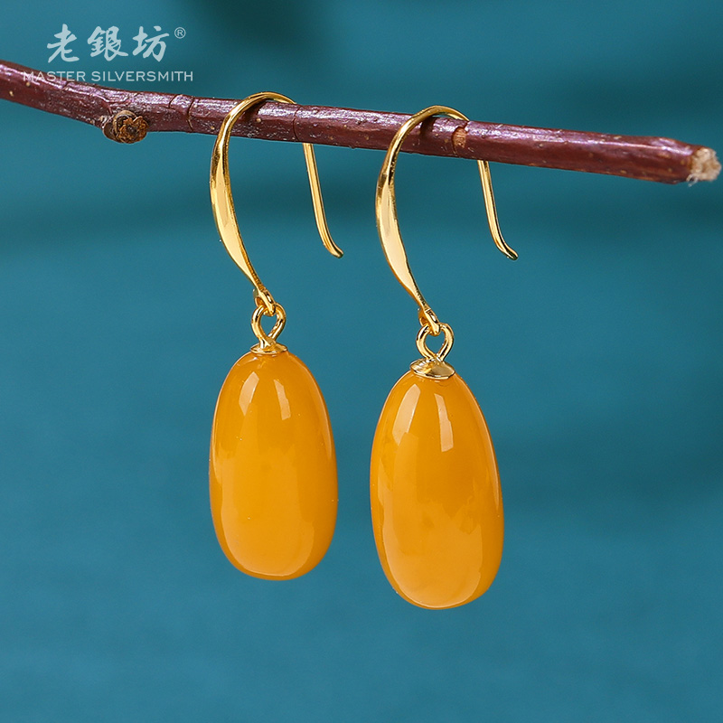 【老银坊】s925银蜜蜡水滴耳钩 00141024