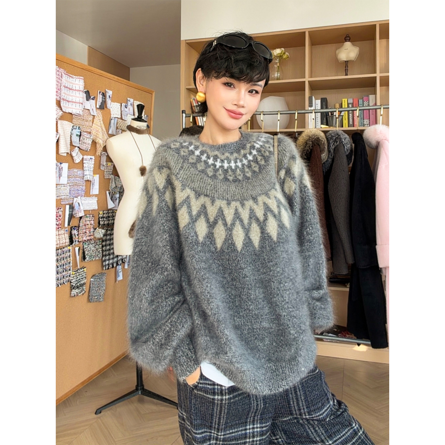 玖着'盖瑞'珍稀100罕山白山羊绒拉绒费尔岛亮片浪漫氛围针织上衣