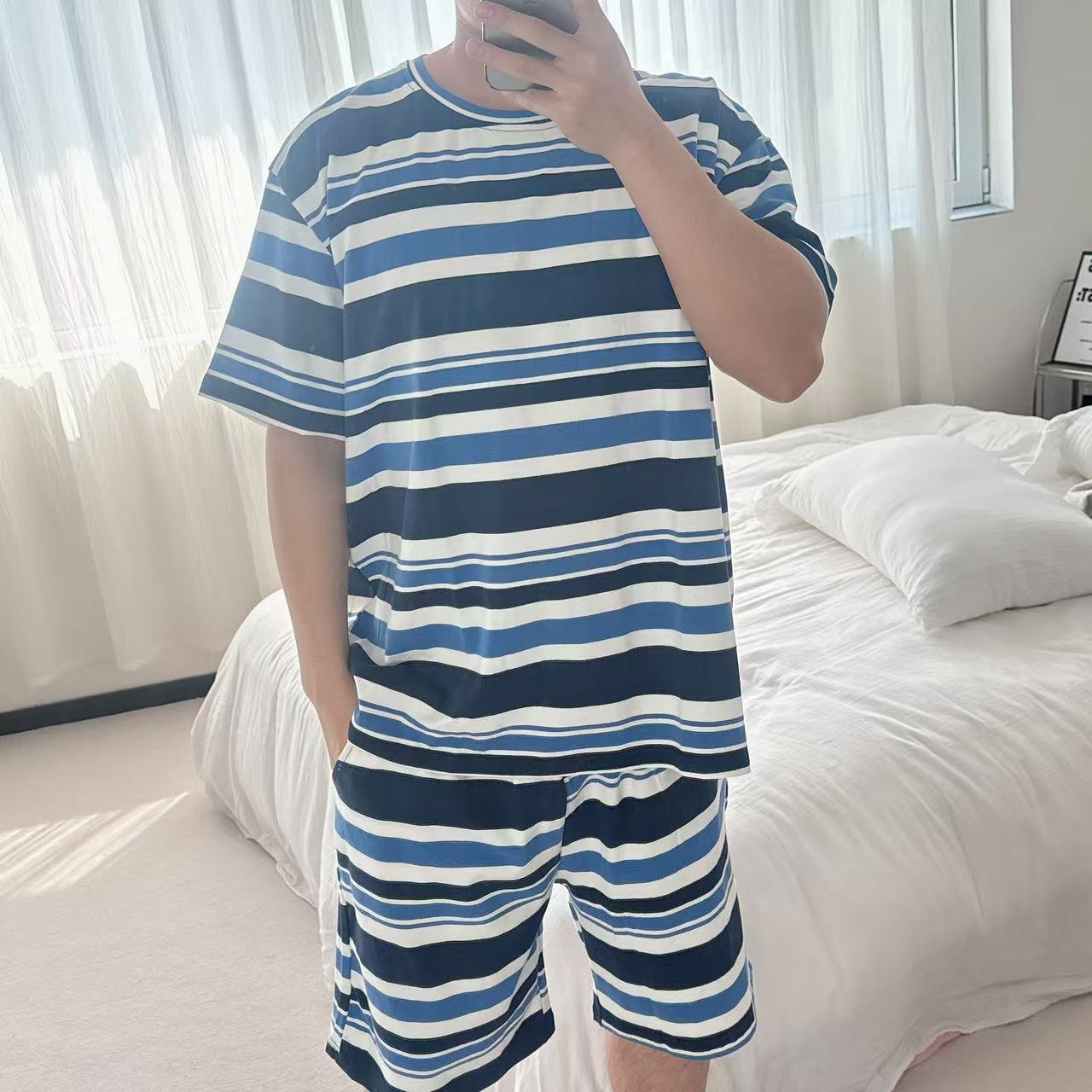 男士新品加肥加大短袖短裤时尚休闲宽松睡衣条纹运动家居服