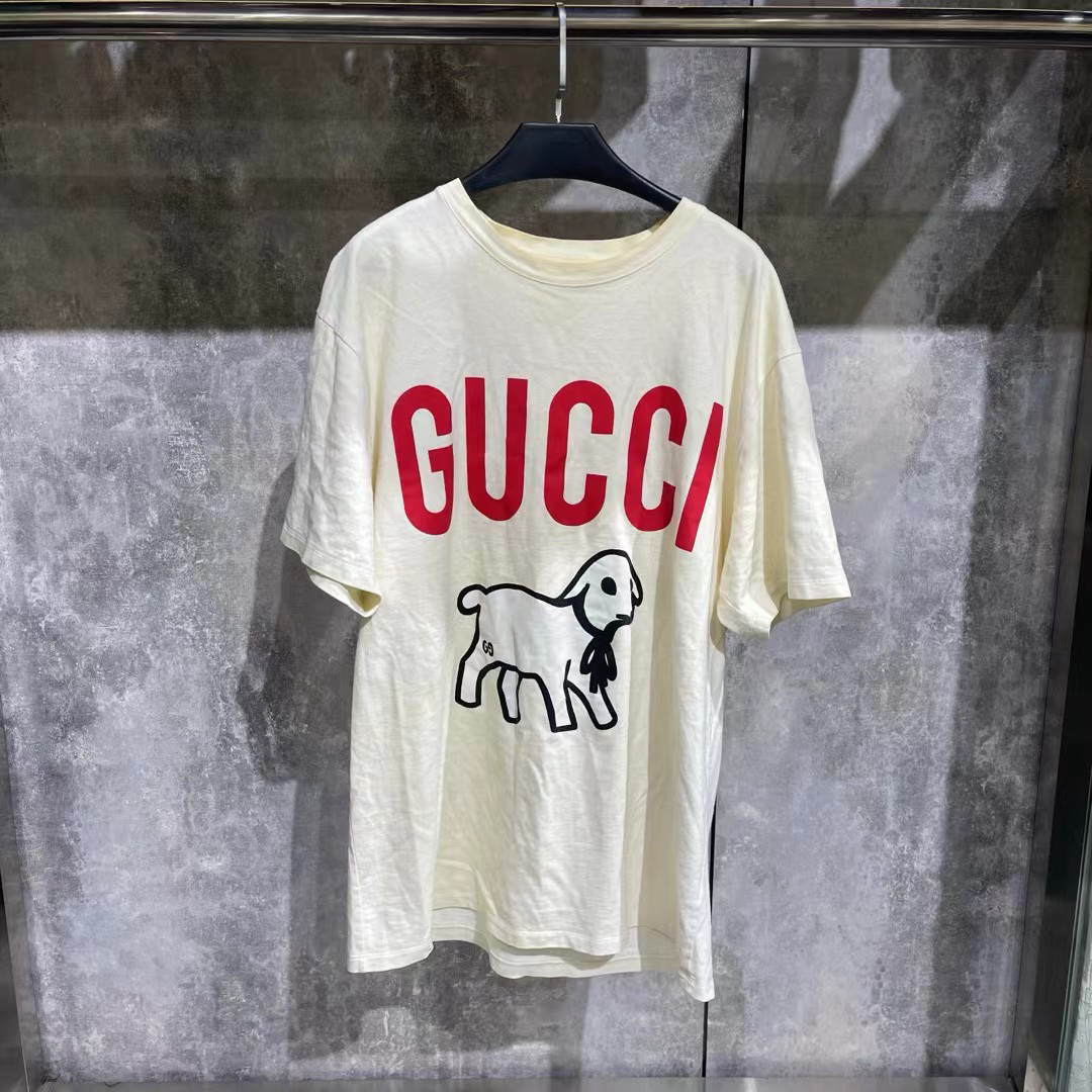 99新 GUCCI/古驰 l码/白色/时尚/休闲/百搭/卡通羔羊标语奶白短袖