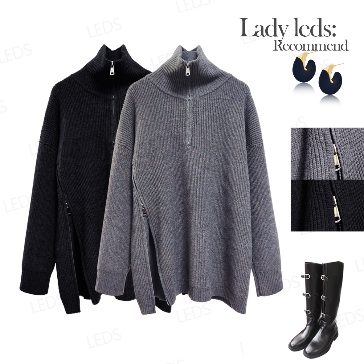 LEDS 09913421冬季新款简约文艺风两色高领拉链套头毛衣