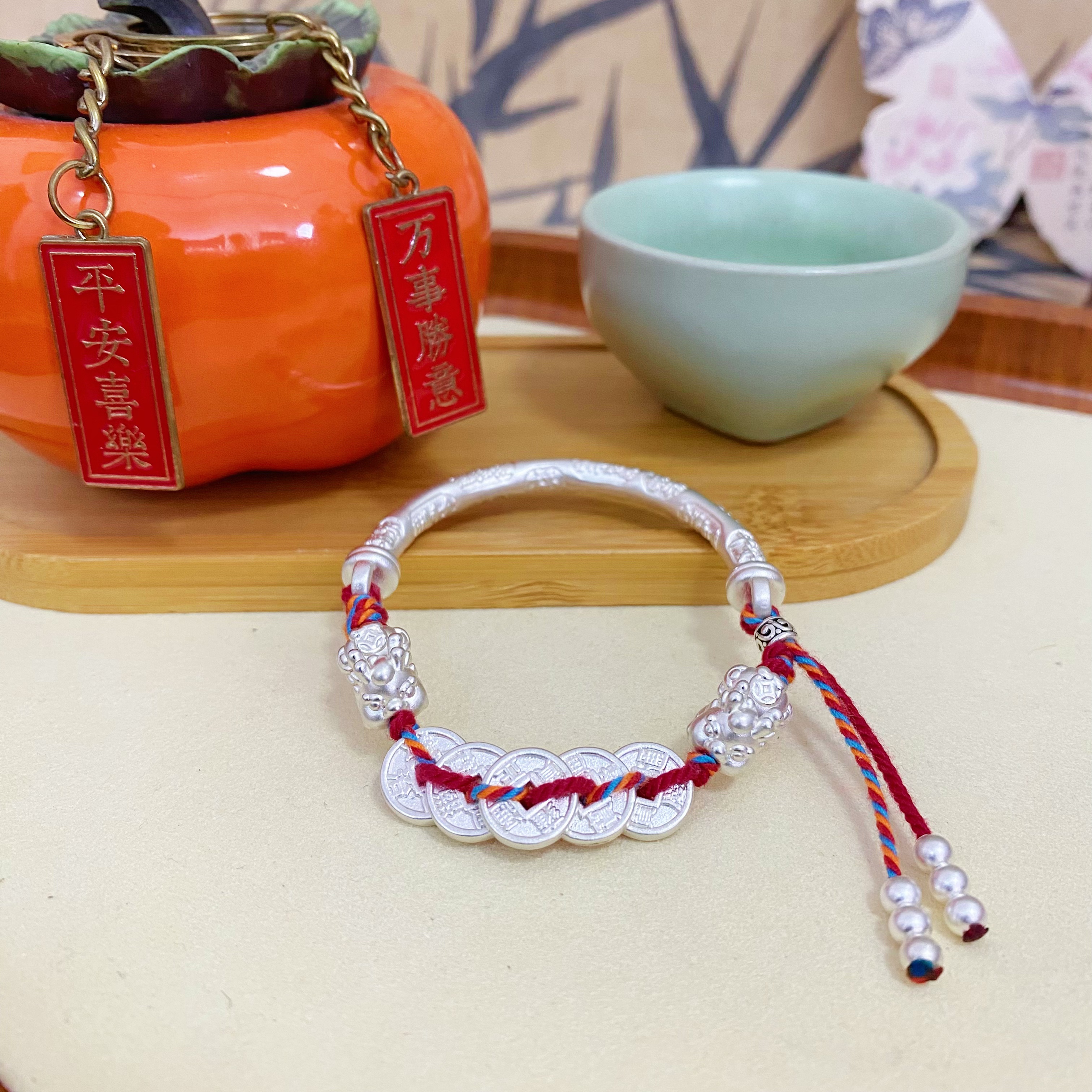 足银手链 【壹家银店】国风足银吉言五帝半镯手链 藏风手绳红色情侣
