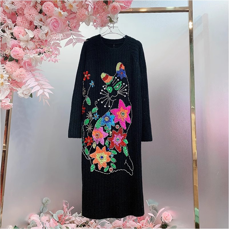 QD1051欧美设计师2024秋冬季新款重工钉珠彩色花朵卡通小猫连衣裙