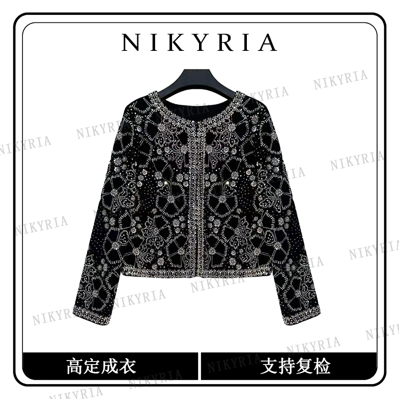 【镜花缘-黑色】DL轻奢亮片串珠短外套花朵开衫长袖时尚女装上衣