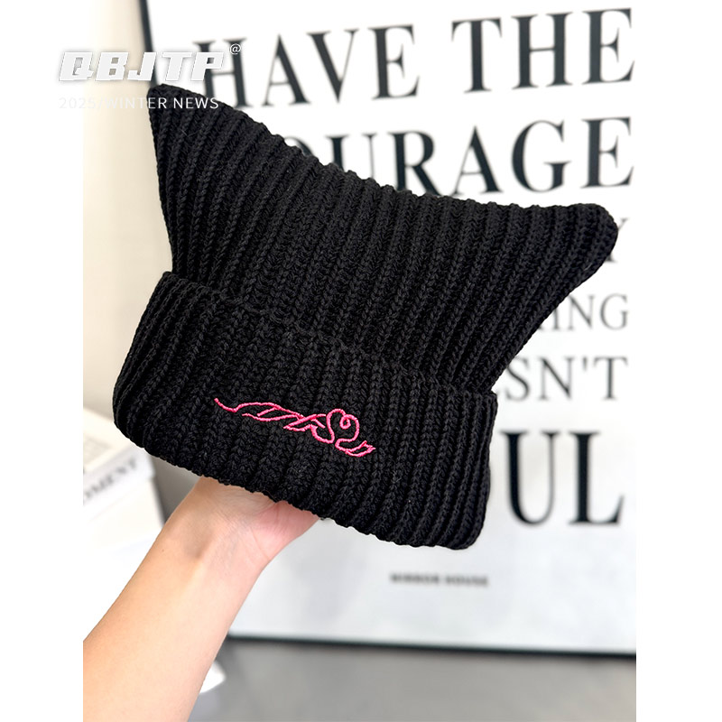 Q宝家童品12月新款 儿童针织帽宝宝可爱猫耳朵毛线帽秋冬费尔岛帽