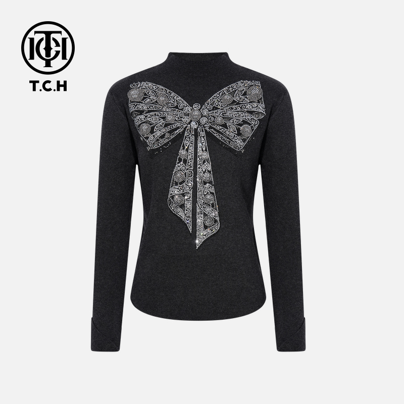 TCH【洋气高贵】冬款时尚烫钻深灰色休闲风女装针织衫T75D09E1129