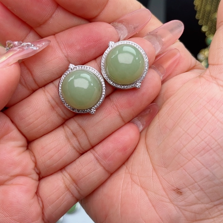 ****银S925镶嵌和田玉耳饰