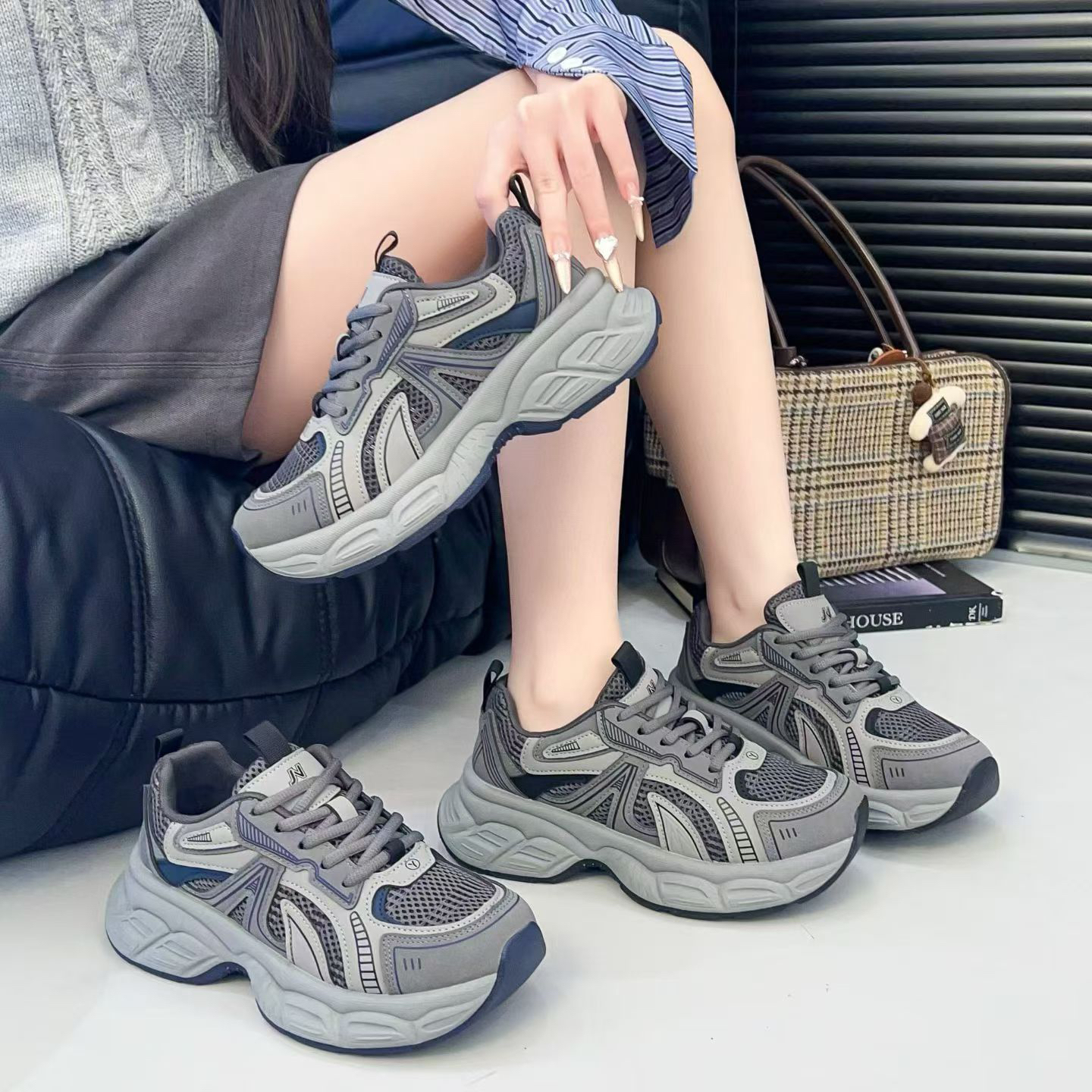 加绒厚底老爹鞋女时尚百搭轻便增高ins潮休闲简约网面透气运动鞋