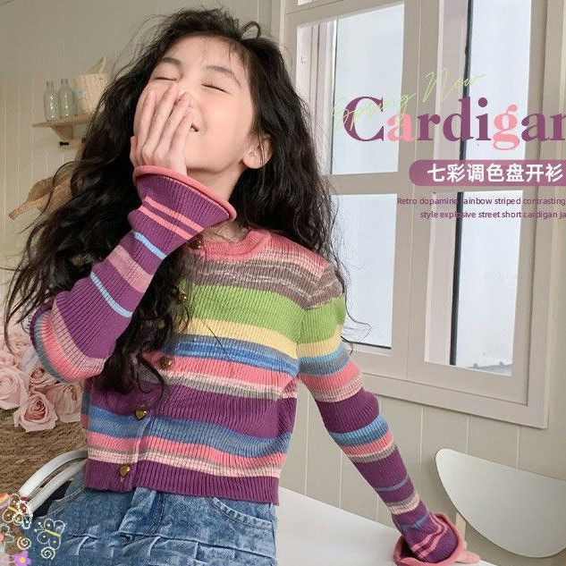 女童洋气针织条纹长袖撞色百搭上衣开衫毛衣套装2025春季新款儿童