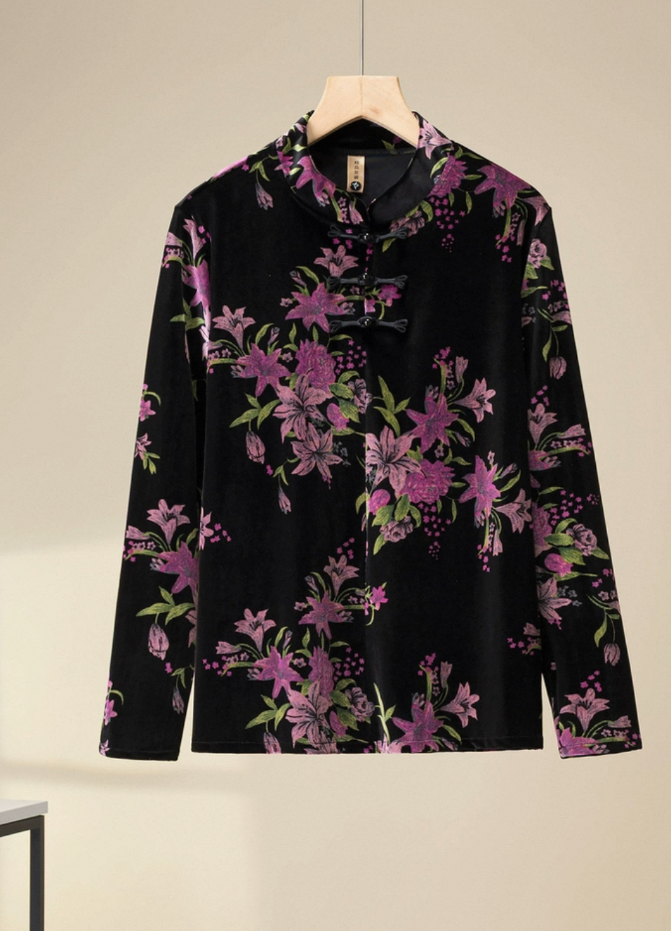 秋冬立领盘扣印花常规款秋季印染丝绒打底衬衫