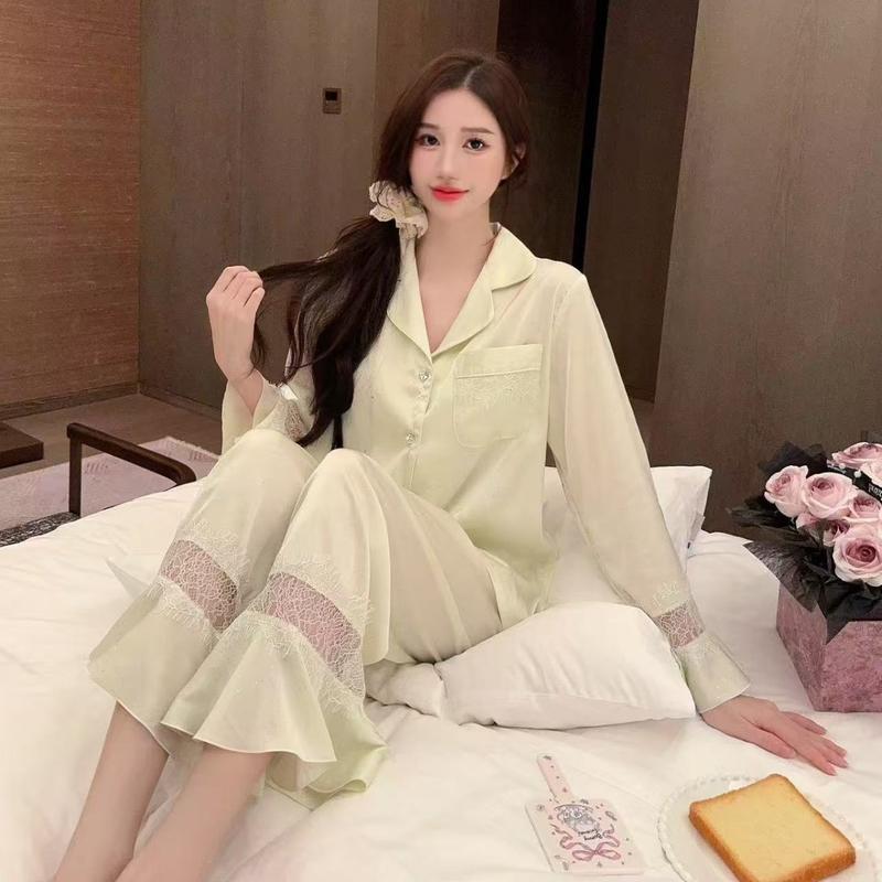 蝴蝶高级春秋夏新款冰丝睡衣奢华甜美风家服套装