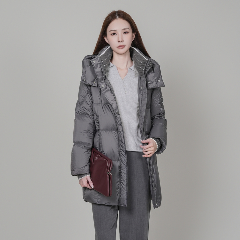 XG雪歌灰色羽绒服XK406075A984中长款休闲保暖外套女