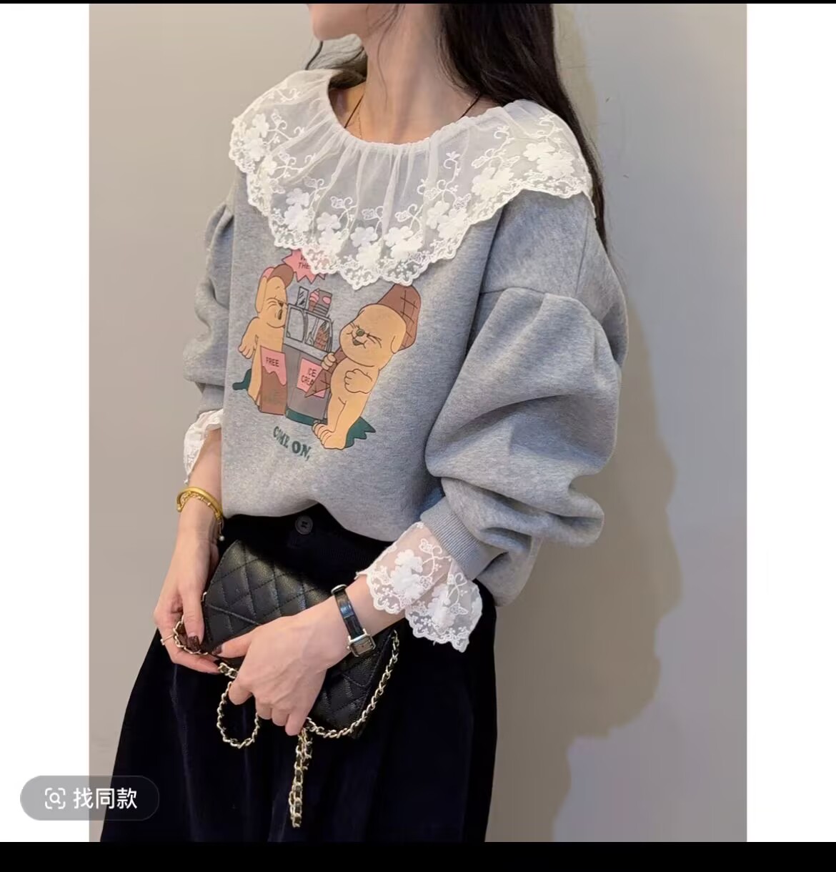 长袖拼接狗蕾丝套头印花翻领卫衣百搭洋气重工春季韩版