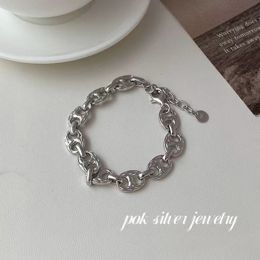 925银手链 925纯银重工手链实心猪鼻手链韩系ins风设计款百搭