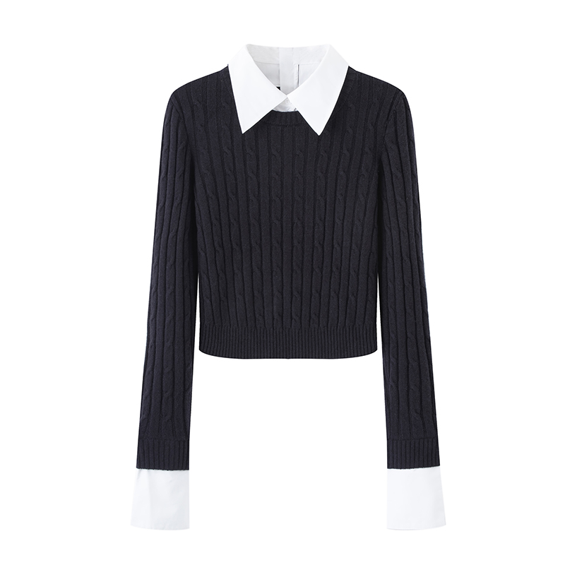 3015【艾家同款】2025秋季新款百搭衬衫式假两件毛衣女针织衫上衣女