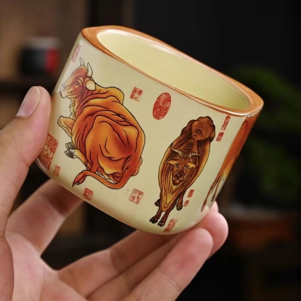 中国风汝窑内圆外方杯四方五牛杯防烫茶杯-0101