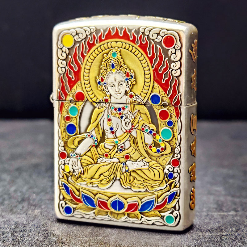 Zippo打火机正品XZ盔甲镀银鎏金填珐琅彩白度母防风送礼DYJ1