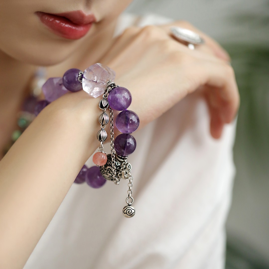 足银手链 S08939龙凤呈祥圆珠饺子福包锁紫色串珠手链女复古百搭