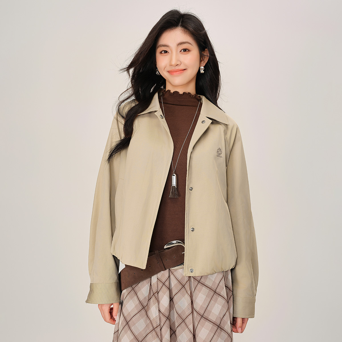 【巴恩风夹克】茵曼26春季时尚宽松花苞外套女休闲百搭格纹袖口上衣