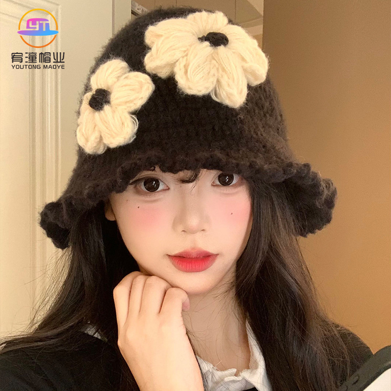 秋冬季韩版显脸小黑色水桶帽大头围保暖毛线帽子花朵针织渔夫帽女