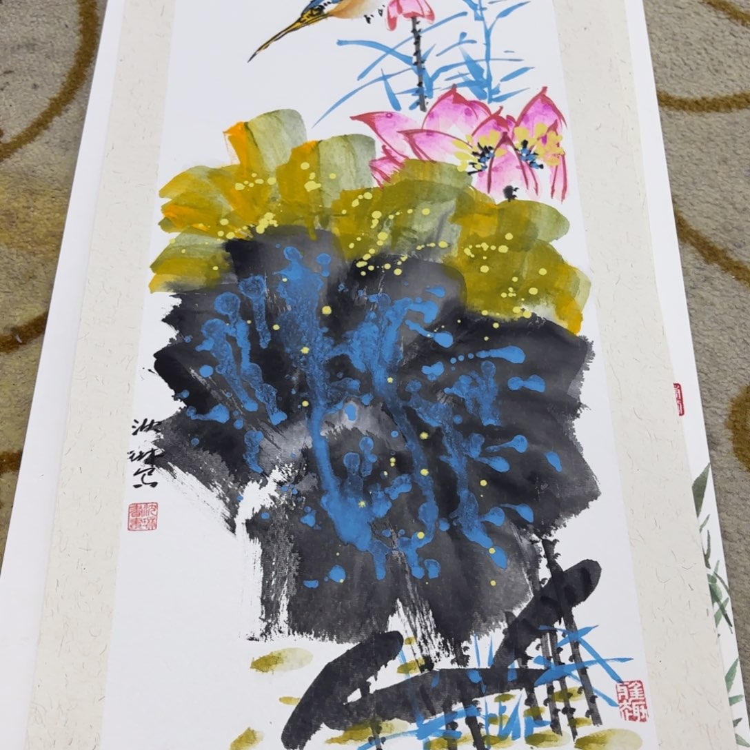 国画卡纸花鸟作品童
