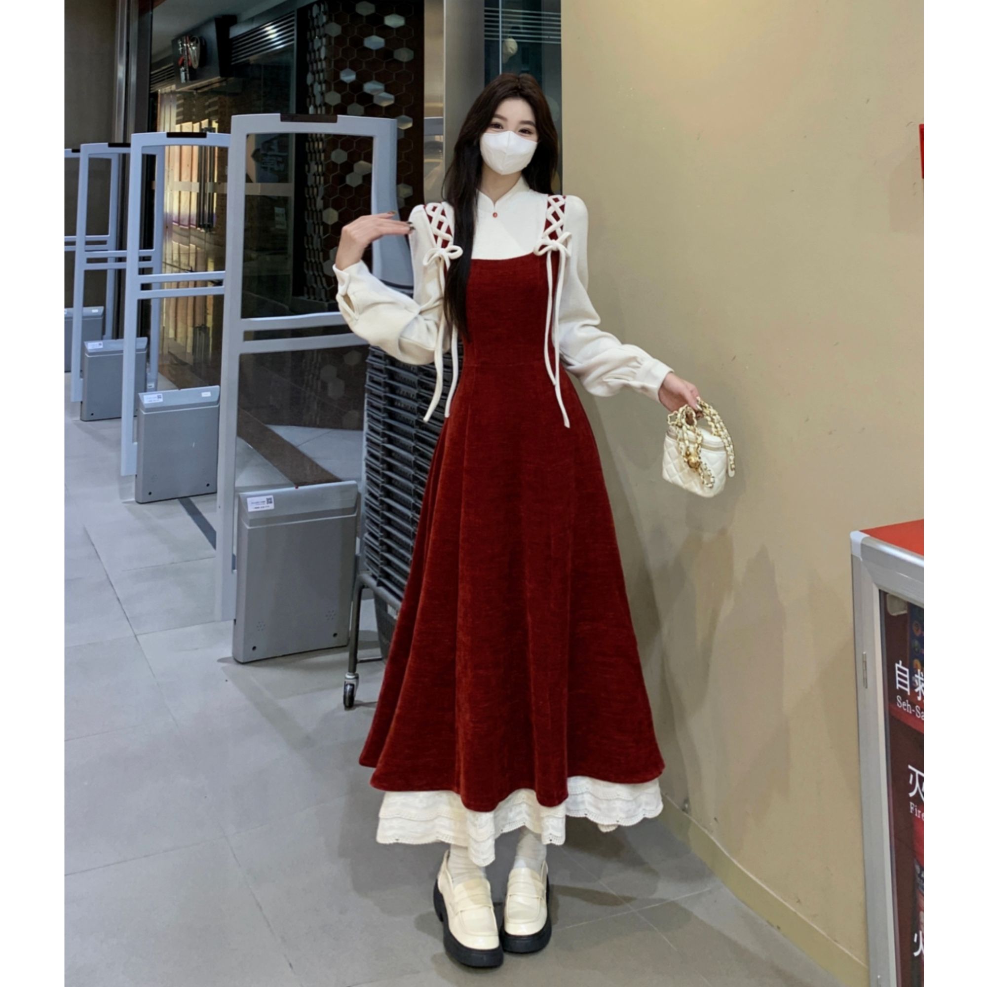 大码胖mm法式复古假两件圣诞红色连衣裙女秋冬新款收腰a字长裙子