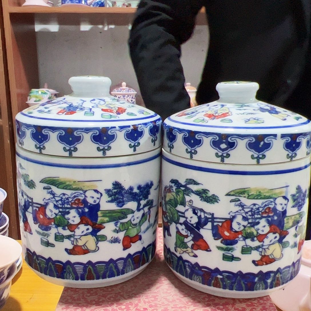摆件陶景德镇童子罐2个