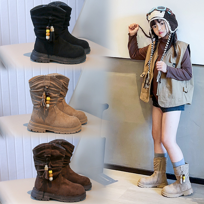 女童复古靴子2025秋冬新款时尚韩版厚底堆堆靴女孩洋气中筒马丁靴