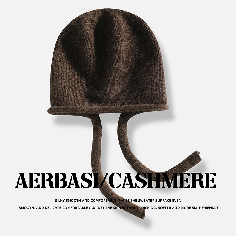 周迅同款加厚针织山羊绒帽女卷边显脸小护耳帽小辫护脸保暖包头帽