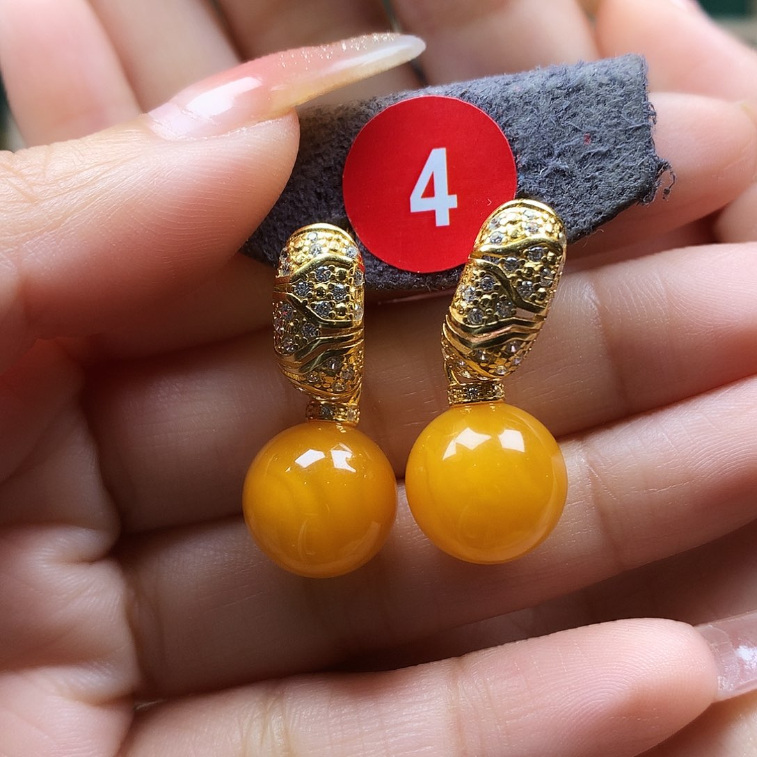 银S925镶嵌蜜蜡耳饰耳钉