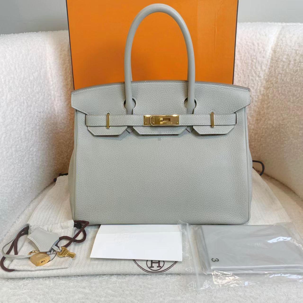 未使用 Hermes/爱马仕 壹臻/珍珠灰金扣birkin30 y刻/ 55376673